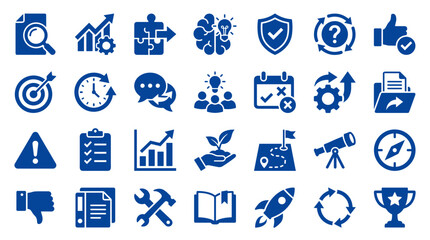 Collection of blue business and strategy icons representing growth, planning, teamwork, success, and problem solving on a white background © Iconique Studio