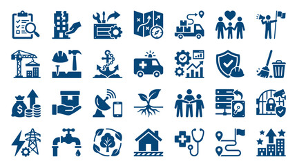 Collection of blue icons representing business industry and services on white background © Iconique Studio