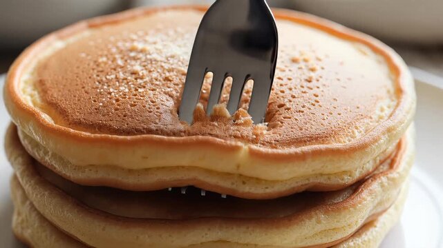 Pancakes stacked on a plate are being pierced by a silver fork during a morning breakfast meal.