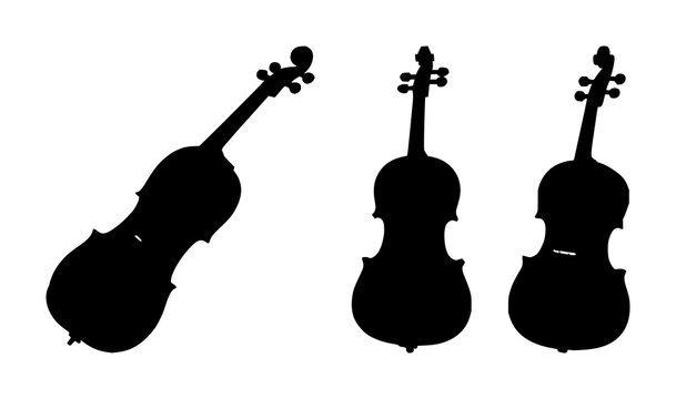 Violin set with bold black silhouette on white background featuring musical instrument, classical art, line illustration with music and design