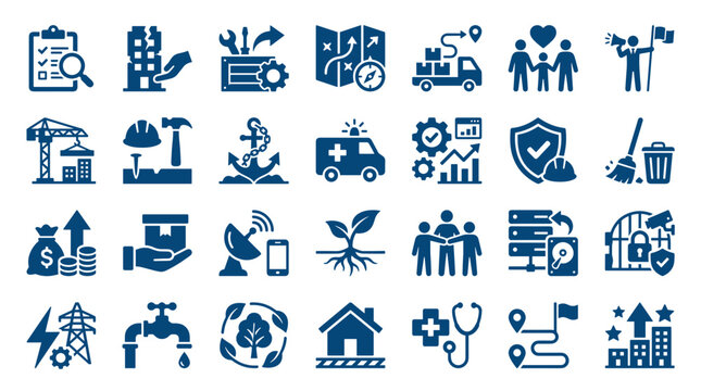 Collection of blue icons representing business industry and services on white background