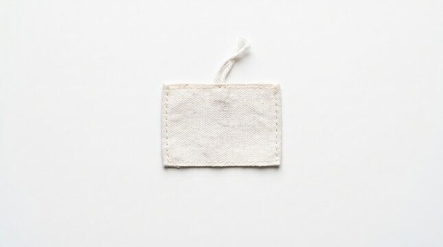 Blank fabric price tag on white background. Minimal cotton label with string for product mockup, textile branding, packaging detail, retail design and copy space