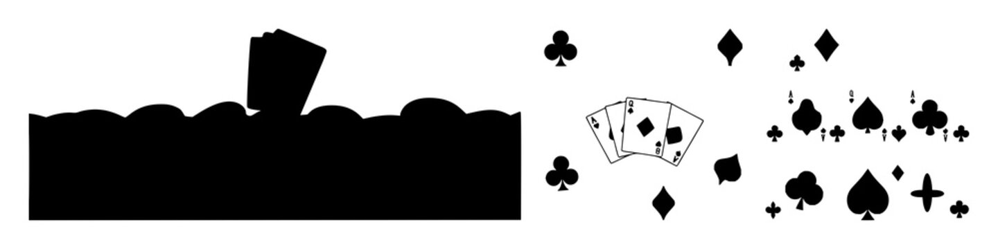 Playing cards set with black silhouettes on white background featuring playing cards, game, deck with minimal line art and vector illustration