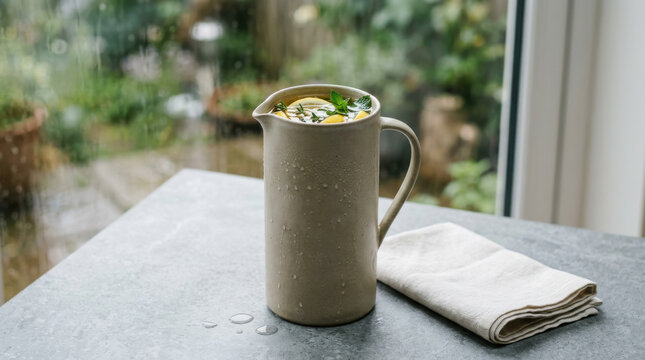 Beige ceramic pitcher with lemon and herb infused water on a grey stone surface