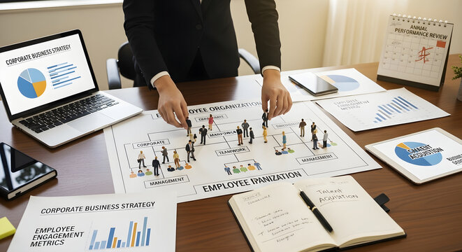 Business strategy planning with employee organization chart