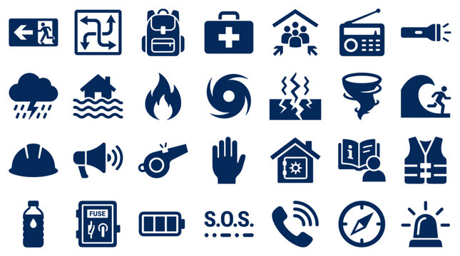 Emergency preparedness icons for disaster safety and survival kit planning including first aid, shelter, communication, and natural disaster warnings