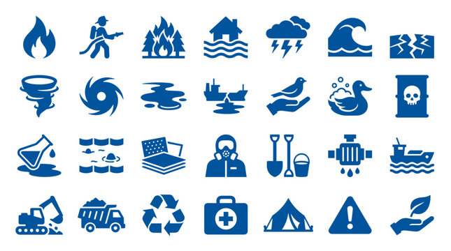 Collection of blue disaster and emergency icons representing natural and man-made catastrophes and safety measures