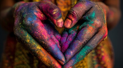 Obraz premium Colorful hands heart shape Holi powder rainbow colors vibrant colors