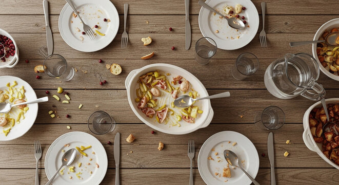 finished food dishes on the table, leftover dirty plates and glasses