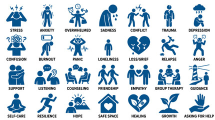 Fototapeta premium Mental health icons representing emotional states and support concepts like stress anxiety sadness conflict trauma depression confusion burnout panic loneliness loss grief relapse anger