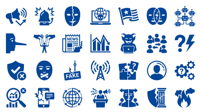 Collection of blue icons representing disinformation manipulation propaganda fake news and social media manipulation concepts