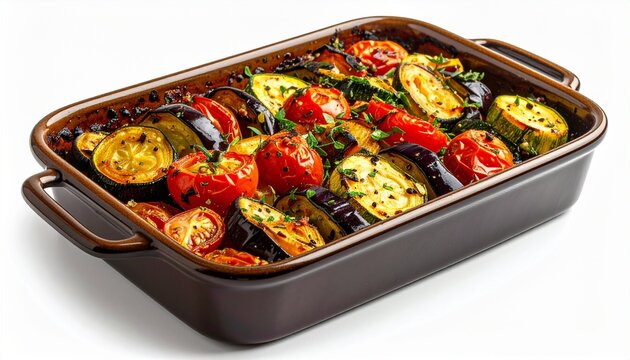 roasted mixed summer vegetables in rectangular ceramic baking dish