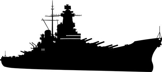 Obraz premium Massive battleship silhouette featuring heavy artillery turrets and naval radar masts