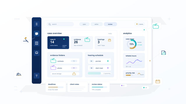 Light case management dashboard interface with evidence folders, hearing schedule, analytics cards, and workflow status widgets