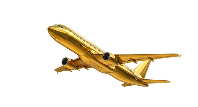 Gold airplane flying with transparent background