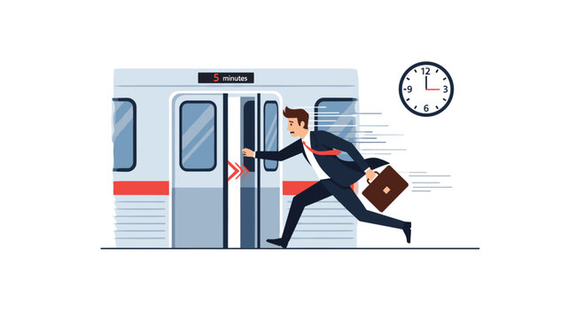 A frantic businessman in a dark professional suit sprints with great speed toward the closing doors of a modern subway train under a large wall clock in a clean station.