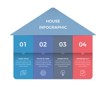 Professional business infographic template designed in the shape of a house with four vertical numbered columns, ideal for presenting real estate stages or home related project data