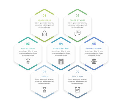 Business infographic template featuring seven numbered hexagonal stages in a honeycomb layout