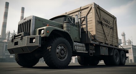 Obraz premium A large military truck transports a fragile cargo container through an industrial area