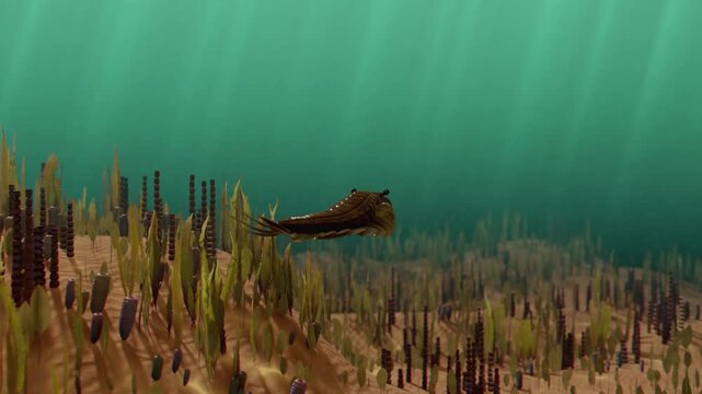 4A high-quality, realistic underwater rendering from a 3D animation showing Anomalocaris, the apex predator of the Cambrian explosion, swimming through deep blue murky waters.
