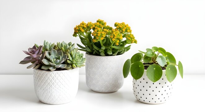 Three potted succulent plants including flowering jade and pilea peperomioides in decorative containers