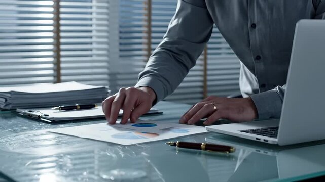 Businessman analyzes pie chart at office desk. Man analyst reviews financial data on document. This analyst uses a laptop for business work. Desk has a laptop, chart and a stack of paper documents.