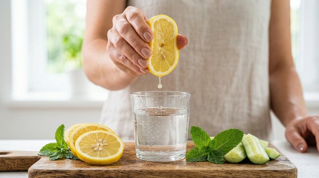 Close-up of a person's hand squeezing fresh lemon juice into a clear glass of pure water, preparing a healthy and refreshing detox drink. This vibrant image features sliced lemons, fresh mint