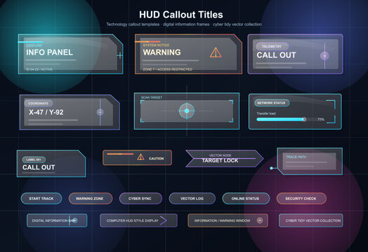 Futuristic HUD callout title collection with warning panels, info labels, target frames, status bars, and neon outlines on dark grid background
