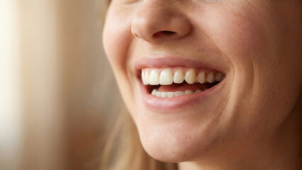 Fototapeta premium Close-up of a happy young woman laughing with a natural smile and healthy white teeth.