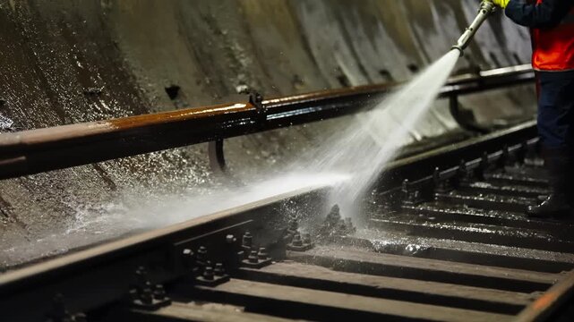 Close-up sequence of high-pressure water jet cleaning along steel railway tracks inside a dim tunnel, showing maintenance work washing grime from rails, fasteners, and sleepers