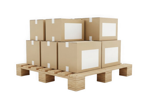 A stack of cardboard boxes on a pallet isolated on transparent background