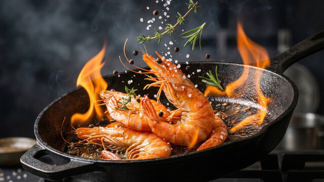 Sizzling shrimp with flames and aromatic herbs cooking in a cast iron pan on the stove.