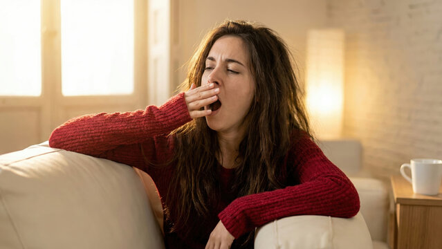 Tired young woman yawning and feeling sleepy while relaxing on a cozy sofa at home.