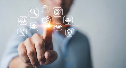 Fototapeta premium Digital business transformation concept, businessman touching virtual interface icons, corporate strategy and automation technology workflow