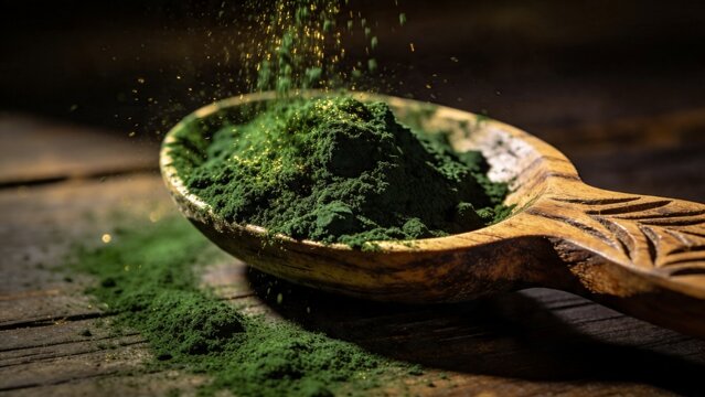 Green spirulina or chlorella powder sprinkled into a rustic wooden spoon on a dark table.