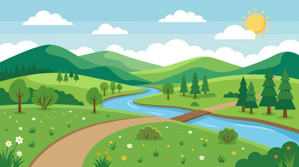 Fototapeta premium A serene landscape of a winding river flowing through rolling hills and mountains under a sunny sky