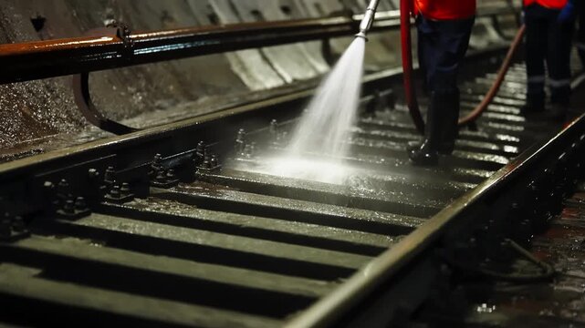Maintenance worker pressure washing wet railway tracks in a dim metro tunnel, directing a water jet along steel rails and sleepers during cleaning operations