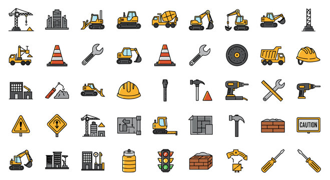 Construction site icons set building equipment vehicles tools and safety elements flat vector illustrations