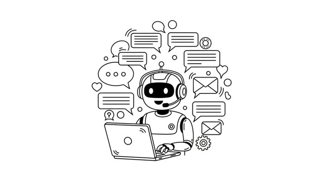 AI Chatbot Assistant with Laptop and Speech Bubbles.