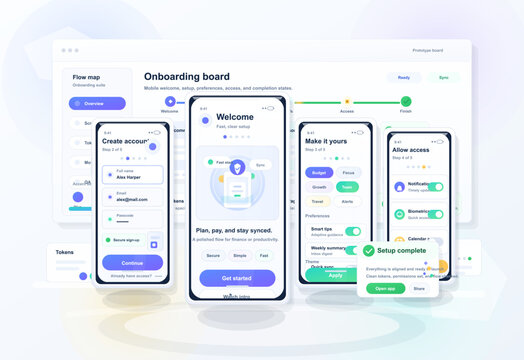 Mobile user onboarding prototype board with account signup, welcome, preferences, access permissions and setup completion mobile UI screens.