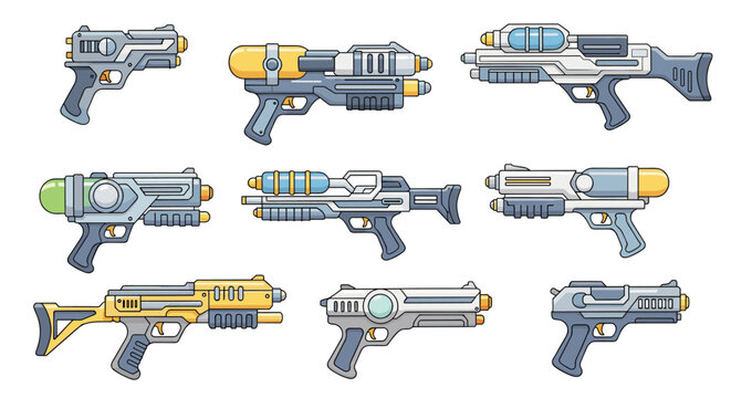 Collection of various colorful futuristic sci-fi laser blasters and space guns shown on a clean white background.