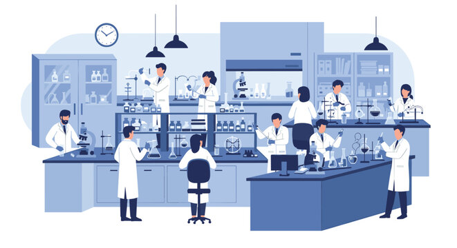 Team of professional scientists in white lab coats conducting research and experiments in a high-tech modern chemistry lab.