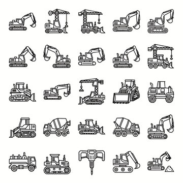 Collection of Outline Construction Machines and Vehicles, Excavators, Cranes, Loaders, Cement Mixer, Jackhammer, Bulldozer