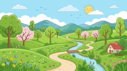 Fototapeta premium A serene landscape of a winding river flowing through a green valley with trees and a house under a sunny sky with fluffy clouds.