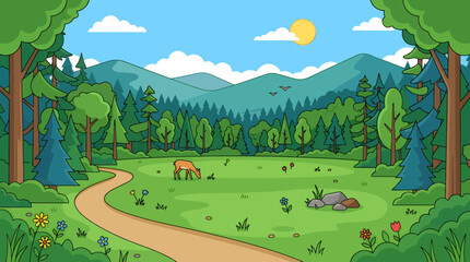 Naklejka premium A serene landscape of a winding road through a green forest with a horse grazing under a sunny sky with mountains.