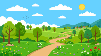 Fototapeta premium A serene landscape with a winding road through green hills, trees, and flowers under a sunny sky.