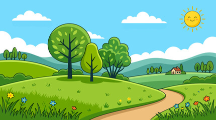 Fototapeta premium A sunny day with trees, flowers, and a winding road through green hills and mountains.