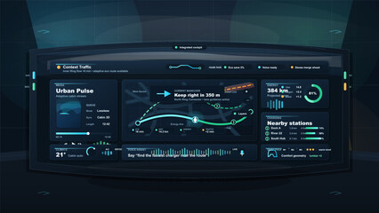 Fototapeta premium Futuristic electric vehicle cockpit dashboard with navigation route guidance, charging station list, energy range, climate, and voice assistant