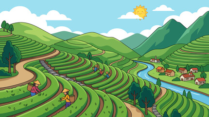 Fototapeta premium People work on tea plantations overlooking a serene village landscape with a river and mountains.
