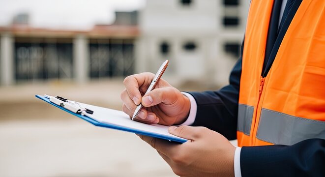Construction worker inspecting site with clipboard and pen